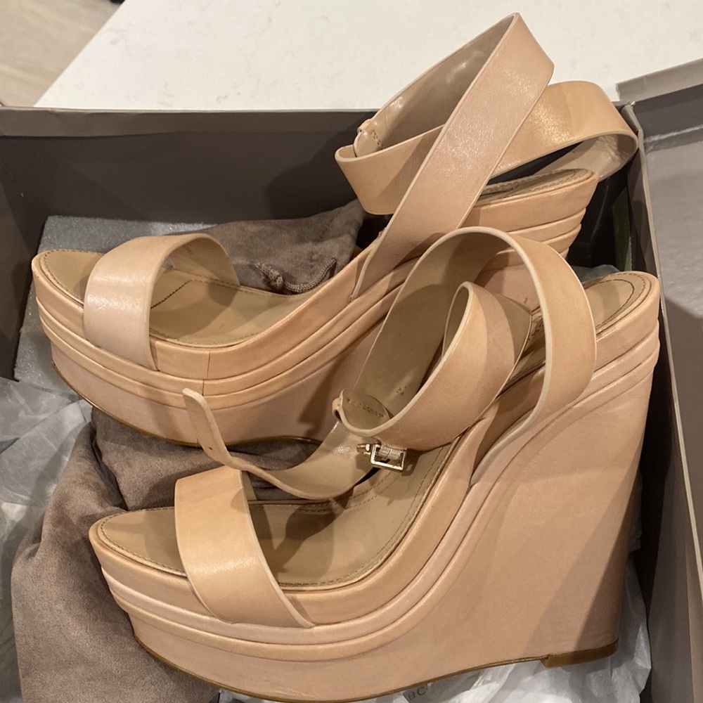 BCBG Maxazria Nude Wedges with ankle strap